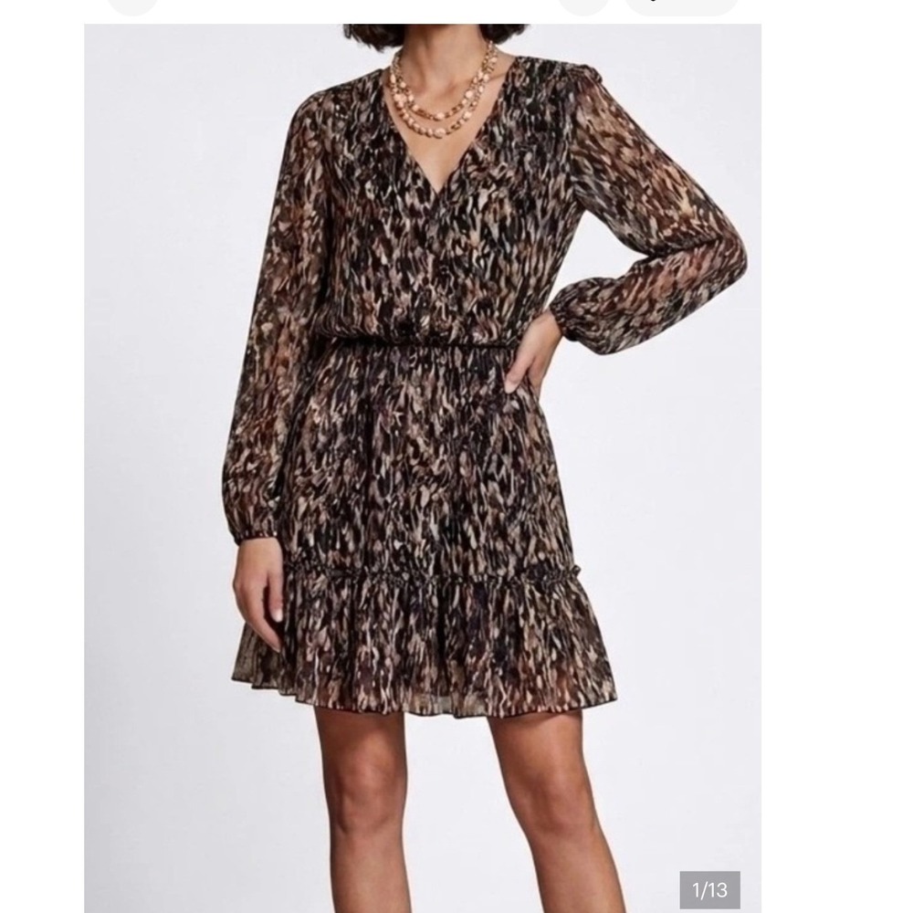 Evereve NWT Demi Dress Neutral Abstract Metallic Tiered Long Sleeve Pockets- XS